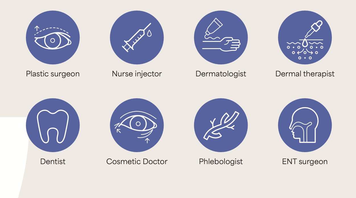 Consult specialties — Plastic surgeon, Nurse injector, Dermatologist, Dermal therapist, Dentist, Cosmetic Doctor, Phlebologist, ENT surgeon